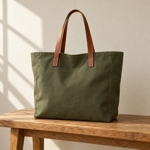 Moss canvas tote with leather handles on an oak bench