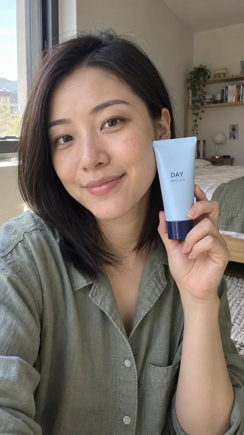 Creator holding a DAY daily-care tube in natural bedroom light