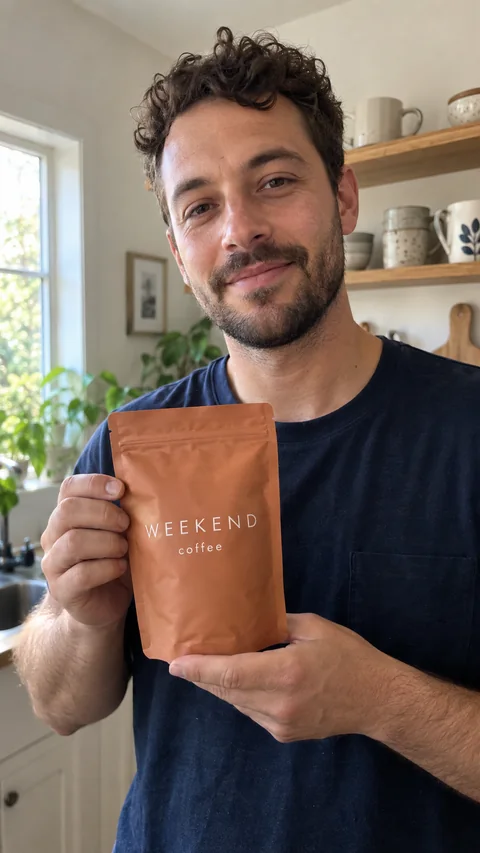 Creator presenting a WEEKEND coffee pouch in a bright kitchen